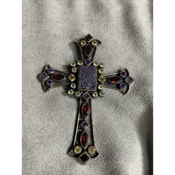 Nicky Butler 925 Sterling Silver Druzy Peridot Garnet Citrine Cross Pendant NB - Picture 3 of 6